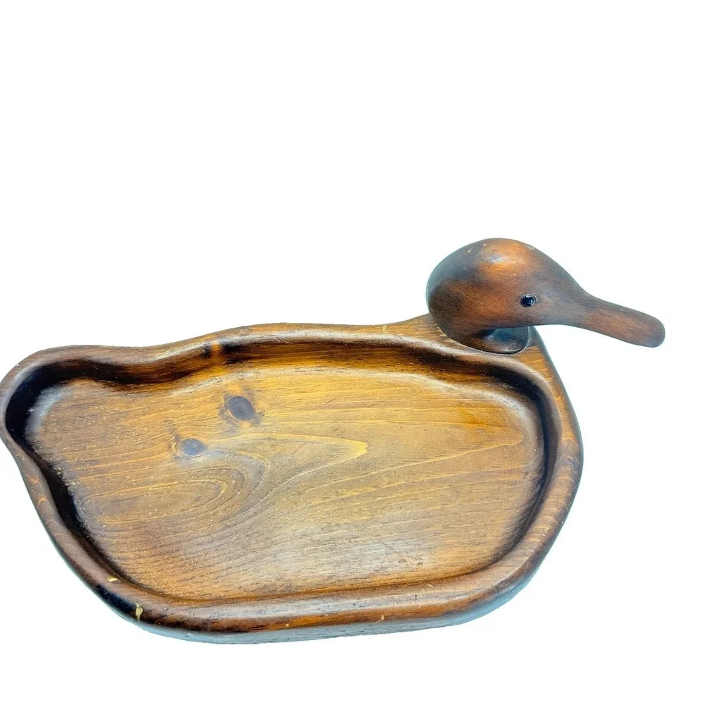 Vintage Hand Carved Wooden Duck Catchall Tray MCM Danish Modern Valet Dish 13